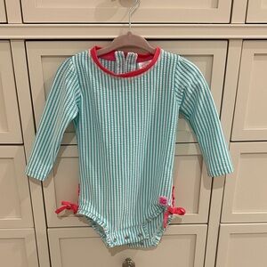 Ruffle Butts Aqua and Pink Striped Kids Swim One Piece